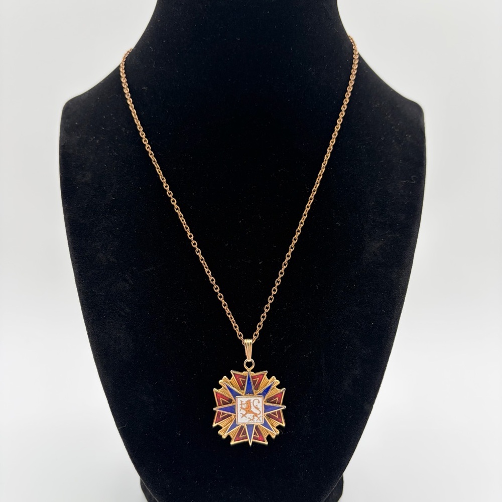 Vintage Enamel Crest Pendant Necklace Gold Tone Red-Blue Heraldic Medallion